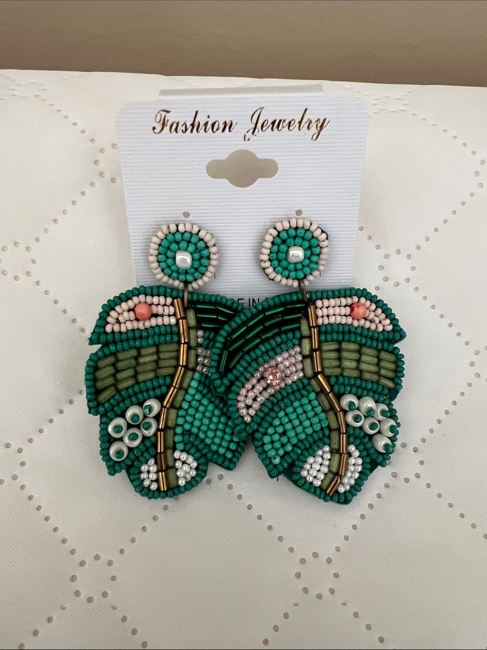 Fashion Jewelry Teal and Pink Beaded Leaf Drop Earrings